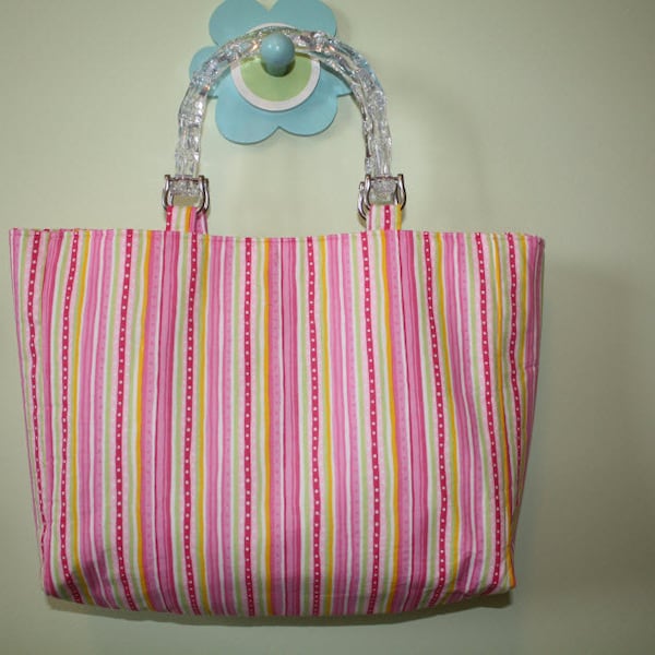 Handmade Pink Green Yellow Polka Dot Striped Summer Purse with Clear Plastic Handles 13” x 10” x 4”