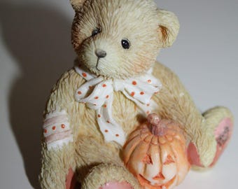 Vintage Enesco 1993 Cherished Teddies "Monthly Friends to Cherish" Collection Oscar October Halloween Pumpkin Shelf Figurine #914843 No Box