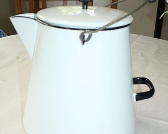 Vintage White Enamelware Cowboy Farmhouse Campfire Coffee Pot Kettle 12" H x 10" Diameter