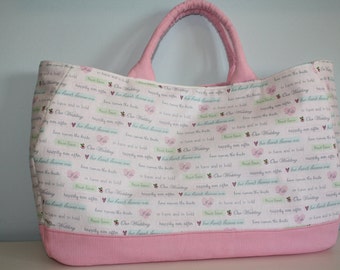 Handmade Large Pink Pastel Heart Floral Wedding Shower Padded 18" x 12" Double Handle Tote Pocket Magnetic Closure