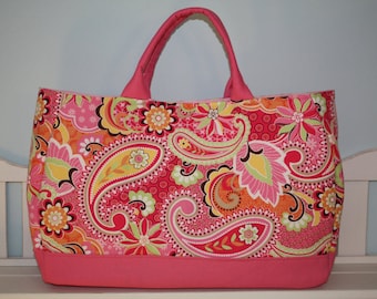 Handmade Large Pink, Green and Yellow Retro Paisley Padded Double Handle Pocket Tote Magnetic Closure