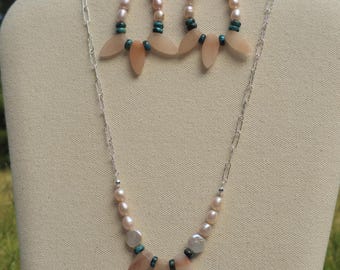 Sterling Silver Peach Aventurine Pearl Turquoise Set, Boho Western Statement Necklace Earrings