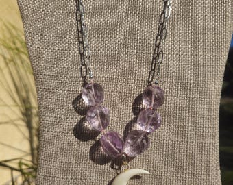 Collar de luna de amatista / Colgante de cuerno de ganado tallado / Plata de ley y acero inoxidable / Joyería bohemia celestial hecha a mano