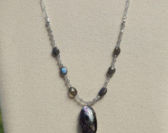 Abalone Pendant Necklace with Labradorite, Amethyst | Sterling Silver Statement Jewelry