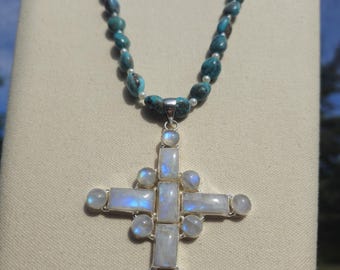 Sterling Silver Turquoise Pearl Moonstone Cross Necklace, Boho Western Statement Jewelry