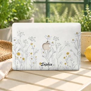 Personalized Name Minimal Line Art Daisy MacBook Case, Soft Wildflower Hard Shell for MacBook Air 13"15" M4 A3241 A3240 Pro 14"16" M3
