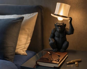 Monkey Lamp with Top Hat, Modern Gorilla Table Light, Quirky Desk Decor, Modern Lamps
