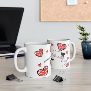 I Love You Kitty Mug | Cute Cat and Red Hearts Ceramic Mug