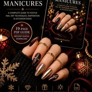 Puede incluir: Una guía digital en PDF de 19 páginas titulada Holiday & Winter Event Manicures, que presenta técnicas festivas de arte de uñas, inspiración e ideas para ocasiones. La portada muestra uñas manicuradas en rojo oscuro, dorado y purpurina.
