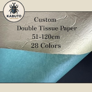 May include: Custom double tissue paper with a textured surface, featuring a gold top layer and a teal bottom layer. The text reads: KABUTO ORIGAMI, Custom Double Tissue Paper, 51-120cm, 28 Colors. The paper has a crinkled appearance and is shown folded.
