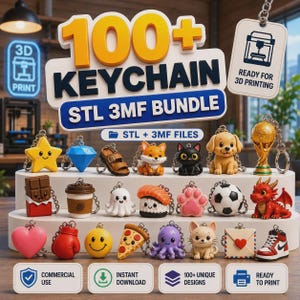 May include: A digital bundle of 100+ keychain designs for 3D printing, featuring various miniature figures like a star, diamond, sandal, fox, cat, puppy, trophy, chocolate, coffee, ghost, sushi, paw, soccer ball, dragon, heart, boxing glove, smiley, pizza, octopus, and sneaker.