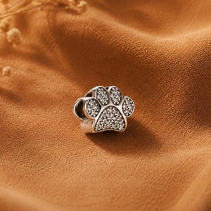 Könnte beinhalten: Ein silberfarbener Charm-Anhänger in Form eines Tierpfotenabdrucks mit einem polierten Metallrand und einer zentralen Einlage, die dicht mit zahlreichen kleinen, klaren, funkelnden Steinen besetzt ist, welche die gesamte Oberfläche bedecken.