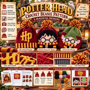 3 Wizard Inspired Crochet Beanie Hat Patterns PDF, Magic School Winter Hats, HP Monogram & Character, Kids Adult Sizes, Digital Download