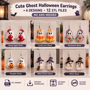 Cute Ghost Halloween Earrings STL Bundle, 6 Spooky 3D Printable Designs, 12 STL Files, No AMS Versions, Digital Download