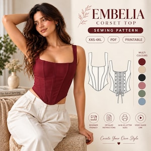 以下が含まれることがあります： EMBELIA CORSET TOPというタイトルのコルセットトップのデジタル縫製パターン。画像には、スクエアネックとボーンのディテールが施されたマルーン色のコルセットトップと、レースアップクロージャーを備えた前後を示すテクニカルラインドローイングが表示されています。