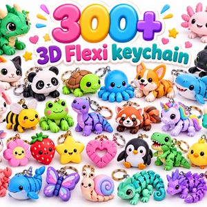 May include: A collection of 3D flexi keychains featuring various colorful characters including a green dragon, pink axolotl, panda, turtle, octopus, corgi, shark, bee, frog, unicorn, dinosaur, cow, strawberry, star, heart, penguin, and butterfly.