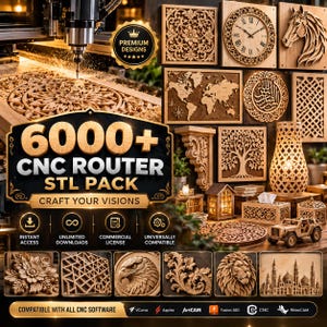 May include: A digital collection of 6000+ CNC router STL files featuring various wooden carvings including a world map, clock, horse head, lion, eagle, floral patterns, and architectural elements, displayed alongside a CNC machine in operation.