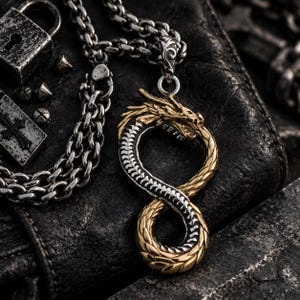 Puede incluir: Un collar de cadena de plata con un colgante en forma de símbolo de infinito formado por un dragón. El dragón tiene la cabeza y la cola doradas con una sección central plateada, mostrando escamas detalladas y un acabado texturizado.