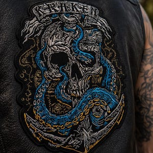 Large Kraken Skull Embroidered Back Patch | Nautical Biker Vest Applique (8x11 Inch)