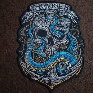 Large Kraken Embroidered Back Patch | Sea Monster Biker Vest Applique (8x11 Inch)
