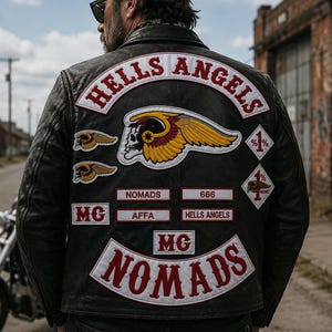 Op de afbeelding: Een zwart leren jack met geborduurde patches op de achterkant, waaronder de tekst HELLS ANGELS, NOMADS, 666, AFFA en MG. De patches tonen een gevleugeld schedel-embleem, ruitvormige 1%-insignes en rode en witte letters.