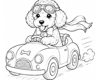 Funny Toy Poodle Driving Car PNG | Puppy Coloring Book Clipart | Cute Dog Line Art | Instant Digital Download
