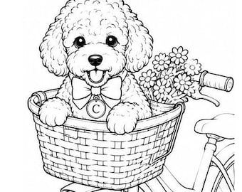 Toy Poodle Bike Basket PNG | Puppy Bicycle Coloring Book Clipart | Cute Dog Line Art | Instant Download
