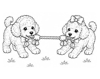 Two Toy Poodles Tug of War PNG | Puppy Friends Coloring Book Clipart | Dog Line Art | Instant Digital Download