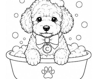 Toy Poodle Bubble Bath PNG | Cute Puppy Bath Time Clipart | Black White Coloring Book Line Art | Instant Digital Download