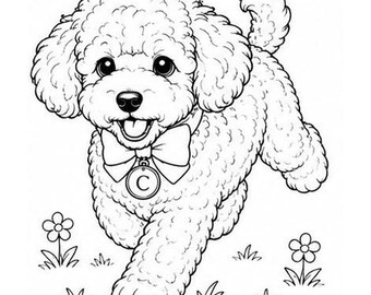 Toy Poodle Meadow PNG | Puppy Playing in Flowers Clipart | Coloring Book Dog Line Art | Instant Download