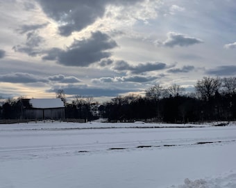 Winter Farm Landscape Photography Print | Snowy Field Digital Download | Winter Sky Wall Art | Rustic Farm Printable | Nature JPG