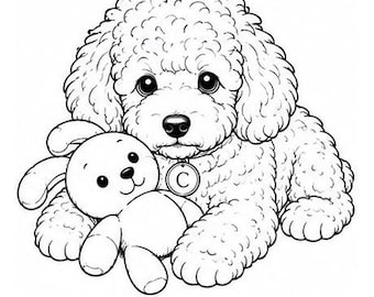 Toy Poodle Bunny Toy PNG | Cute Puppy Coloring Book Clipart | Black and White Dog Line Art | Instant Download