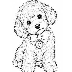 Op de afbeelding: Een zwart-wit lijntekening van een krulharige puppy die zit. De puppy heeft grote ogen, een kleine neus en draagt een strikje om de nek met een ronde hanger waarop in het midden de hoofdletter C staat afgebeeld.