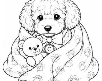 Toy Poodle Blanket PNG | Puppy with Bunny Toy Clipart (Coloring Book Line Art)