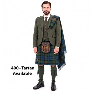 Scottish Men’s Green Argyll Jacket Outfit For Men: 8-yard Kilt Traditional Wedding Highland Wear