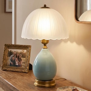 Green Ceramic Table Lamp with Frosted Scalloped Glass Shade