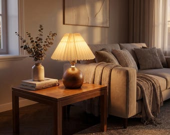 Small Table Lamp with Wood-Grain Finish and Pleated Shade