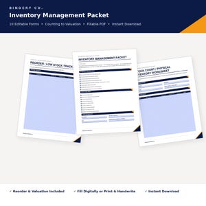 May include: A digital inventory management packet featuring three white pages with dark blue headers and accents. The documents include a Reorder/Low Stock Tracker, an Inventory Management Packet process guide, and a Stock Count/Physical Inventory Worksheet.