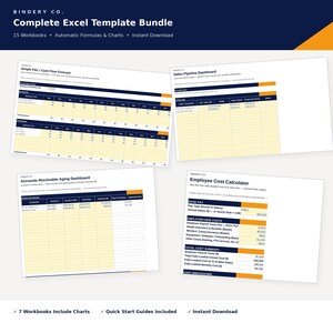 May include: A digital bundle of 15 Excel templates from Bindery Co. featuring a Simple P&L Cash Flow Forecast, Sales Pipeline Dashboard, Accounts Receivable Aging Dashboard, and Employee Cost Calculator with dark blue and orange headers.