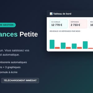May include: A digital financial management dashboard for small businesses featuring a dark background with white text. It displays a summary box with revenue, expenses, net results, and margins, alongside a bar chart showing monthly financial data.