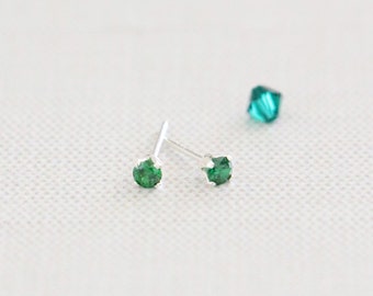 Emerald CZ Stud - May Birthstone Earring - Gemstone Earrings - Chain Drop Earrings - Stacking Earring - Second Piercing - Dainty Post