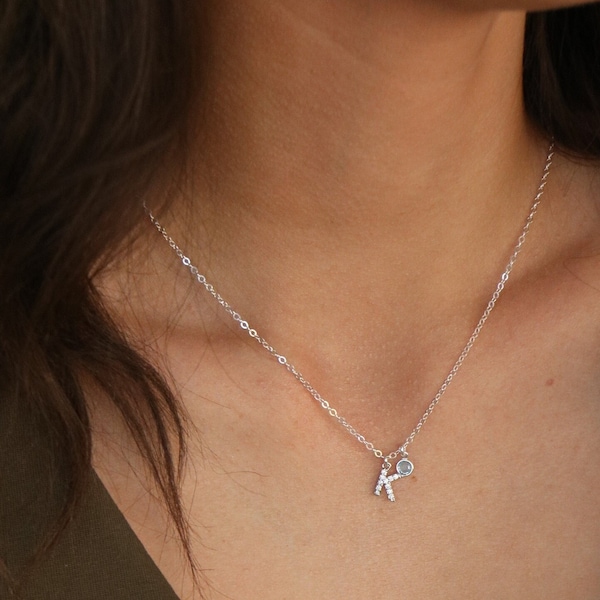 Dainty Initial Birthstone Necklace: Sterling Silver or Gold