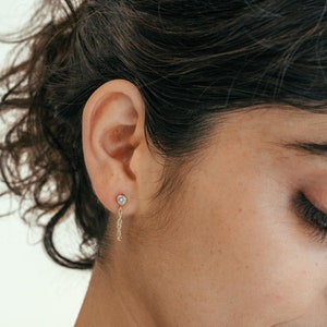 Chain Loop Earring - Bezel Set CZ - Drop Studs - Bridesmaid Gift - Minimalist Chain Drop Earring - Everyday Hoop Earring