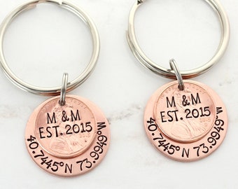 Custom 7 Year Copper Anniversary- Set of 2 Lucky Penny Kechains -Personalized Lucky US Penny Keychains -Coordinates Keychain -Gift for Him