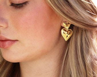 Stacked Hearts Earrings - Vintage Gold Heart Earrings - Valentine Earrings - Heart Drop Earring - Gold Chunky Hearts