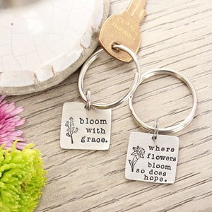 Personalized Keychain Mantra Keychain Birthflower Keychain Bloom with Grace Inspirational Quote Gift For Her Graduation Gift image 1