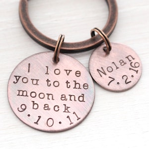 I Love You To The Moon And Back - Mens Keychain - 7 Year Wedding Anniversary -Copper Anniversary Keyring- Mens Keychain Gift - Date Keychain