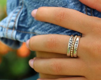 Personalized Sterling Silver Name Ring Set: Stackable Mother's Ring