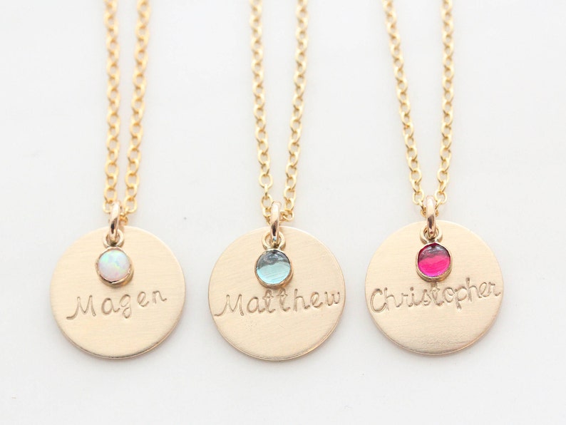 Gold Name Necklace with Birthstone Birthstone Necklace Birthstone Bar Necklace Disc with Name Nameplate Necklace New Mom Necklace image 9