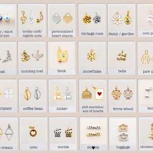 Op de afbeelding: Een verzameling kleine metalen bedels gerangschikt in een raster, met diverse vormen waaronder ogen, muzieknoten, harten, bloemen, dieren, objecten en symbolen, elk gelabeld met de bijbehorende naam in zwarte tekst.